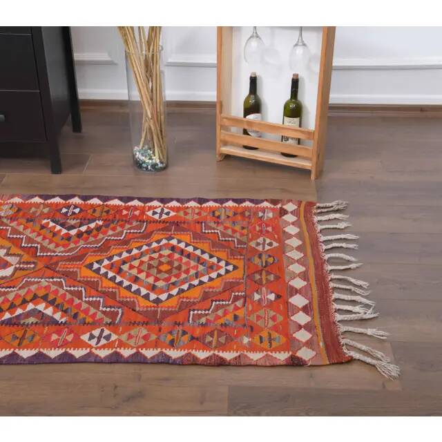 1970s Vintage Turkish Hand-Knotted Wool Cotton Red Runner Rug 90x290