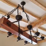 Wood and forged metal chandelier