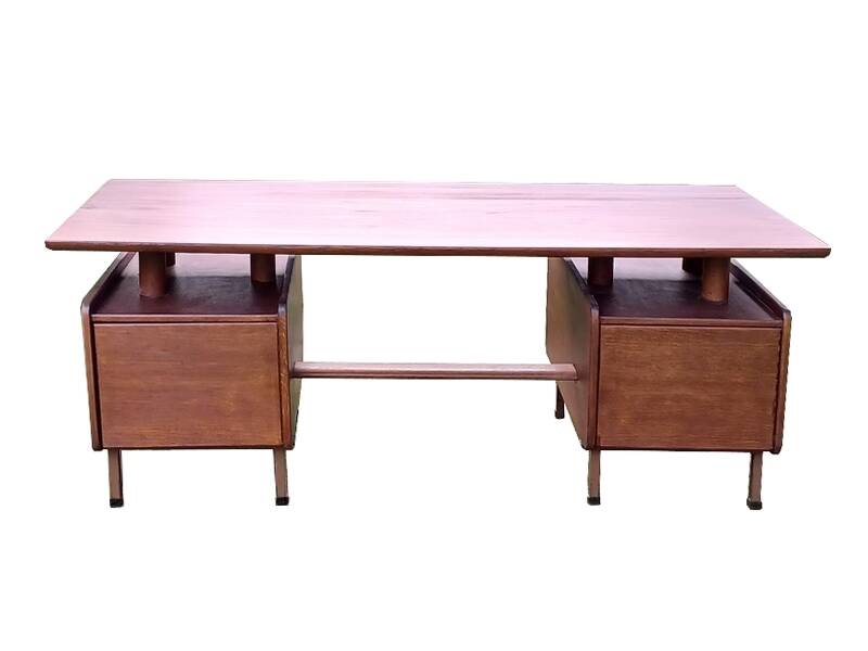 Vintage 1950s teak desk by designer Jacques Hauville.