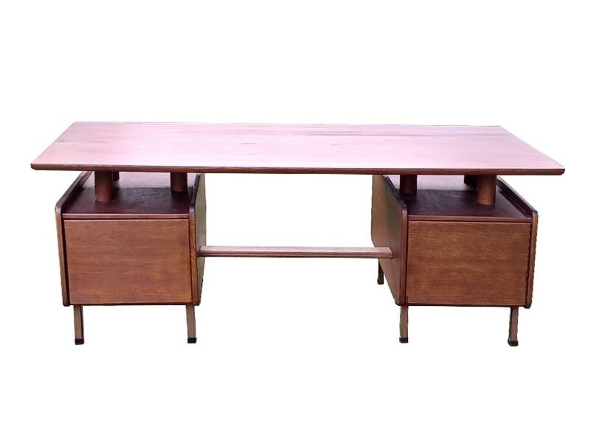 Vintage 1950s teak desk by designer Jacques Hauville.