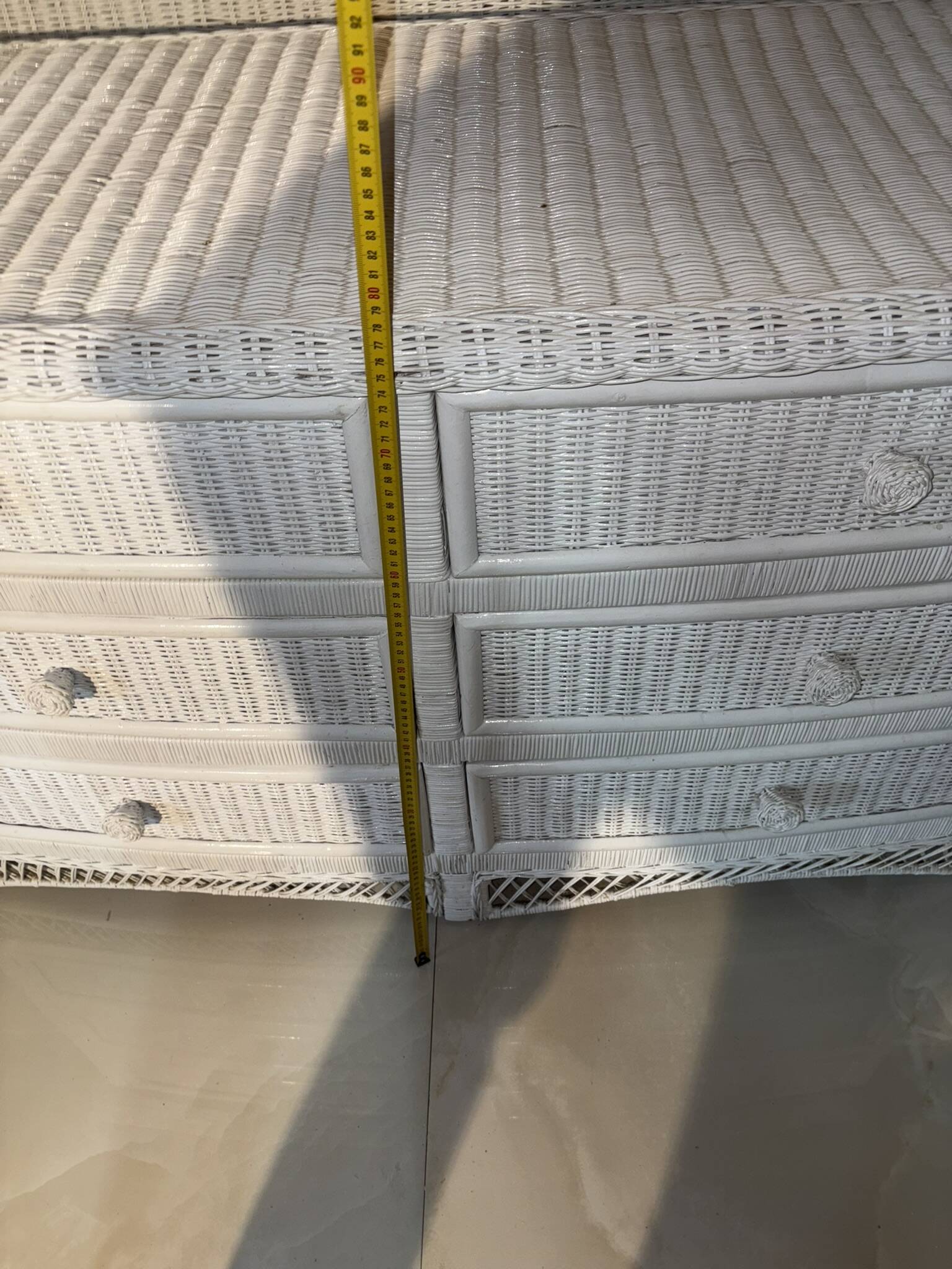 White rattan bedroom set: chest of drawers, mirror, bed, basket