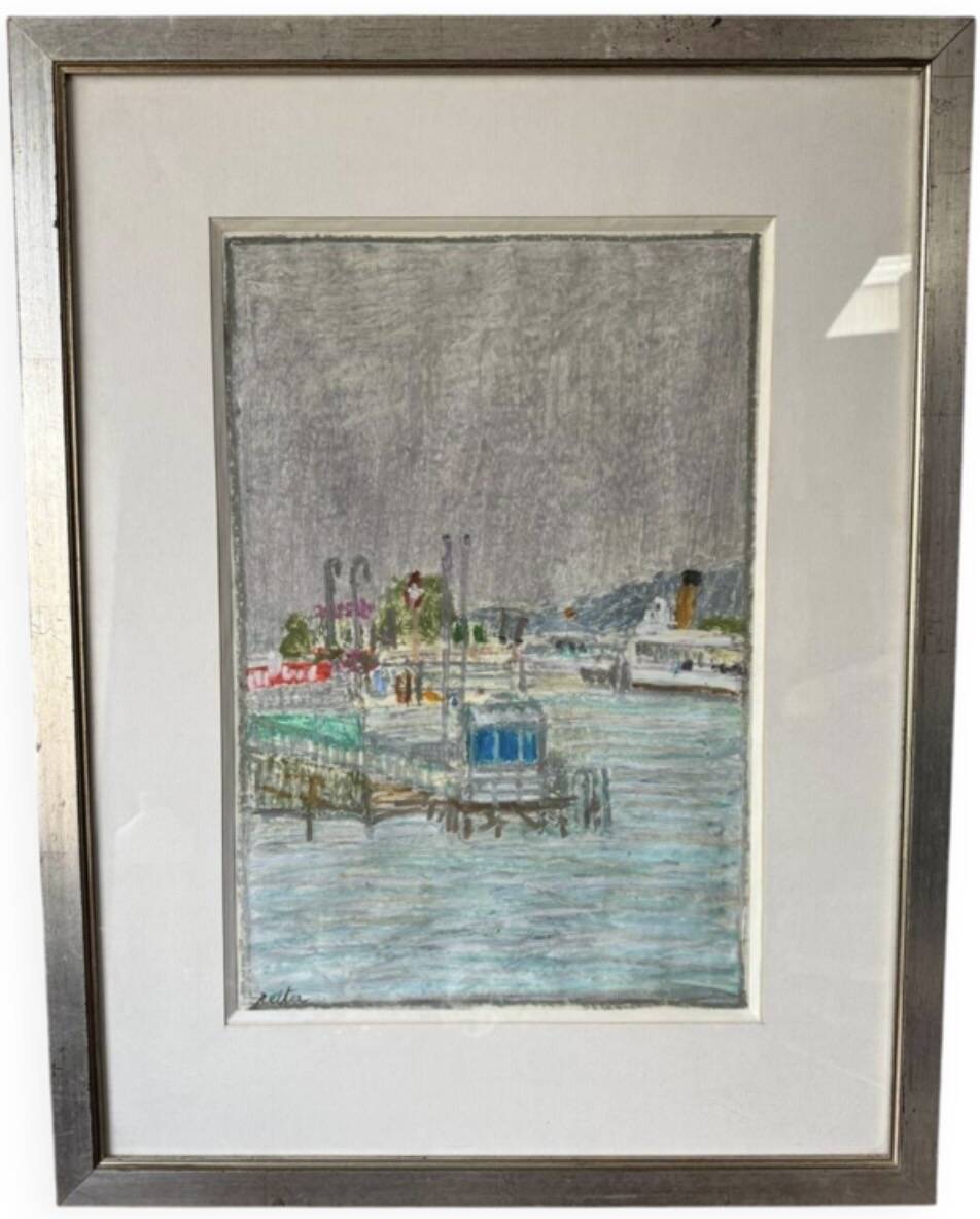 Tableau Marine. Original pastel signed by Henri Reiter. Port Normandie.