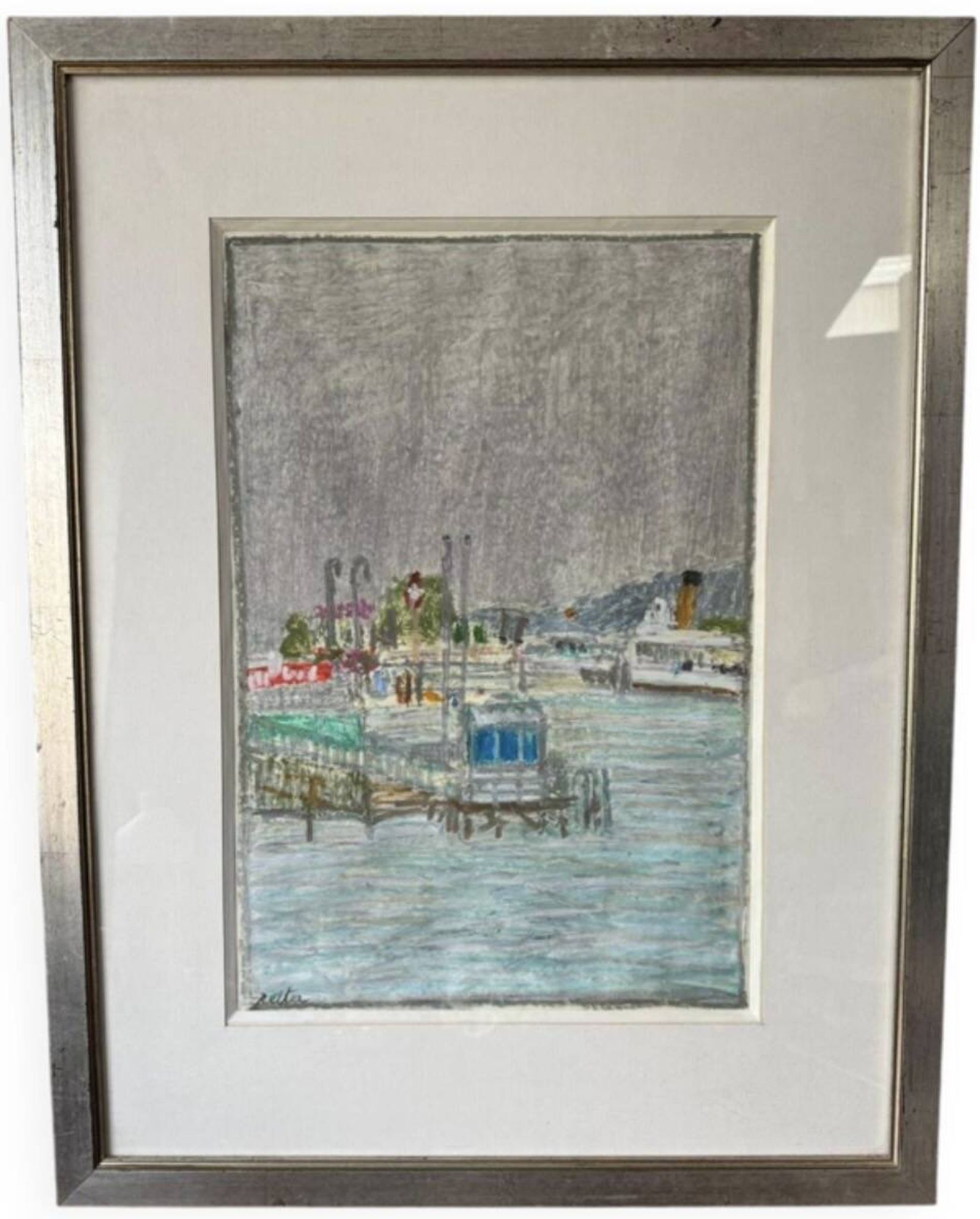 Tableau Marine. Original pastel signed by Henri Reiter. Port Normandie.