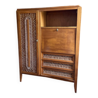 Armoire commode secrétaire rotin et bois