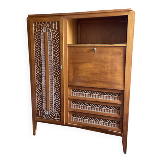 Rattan and wood secretary chest of drawers