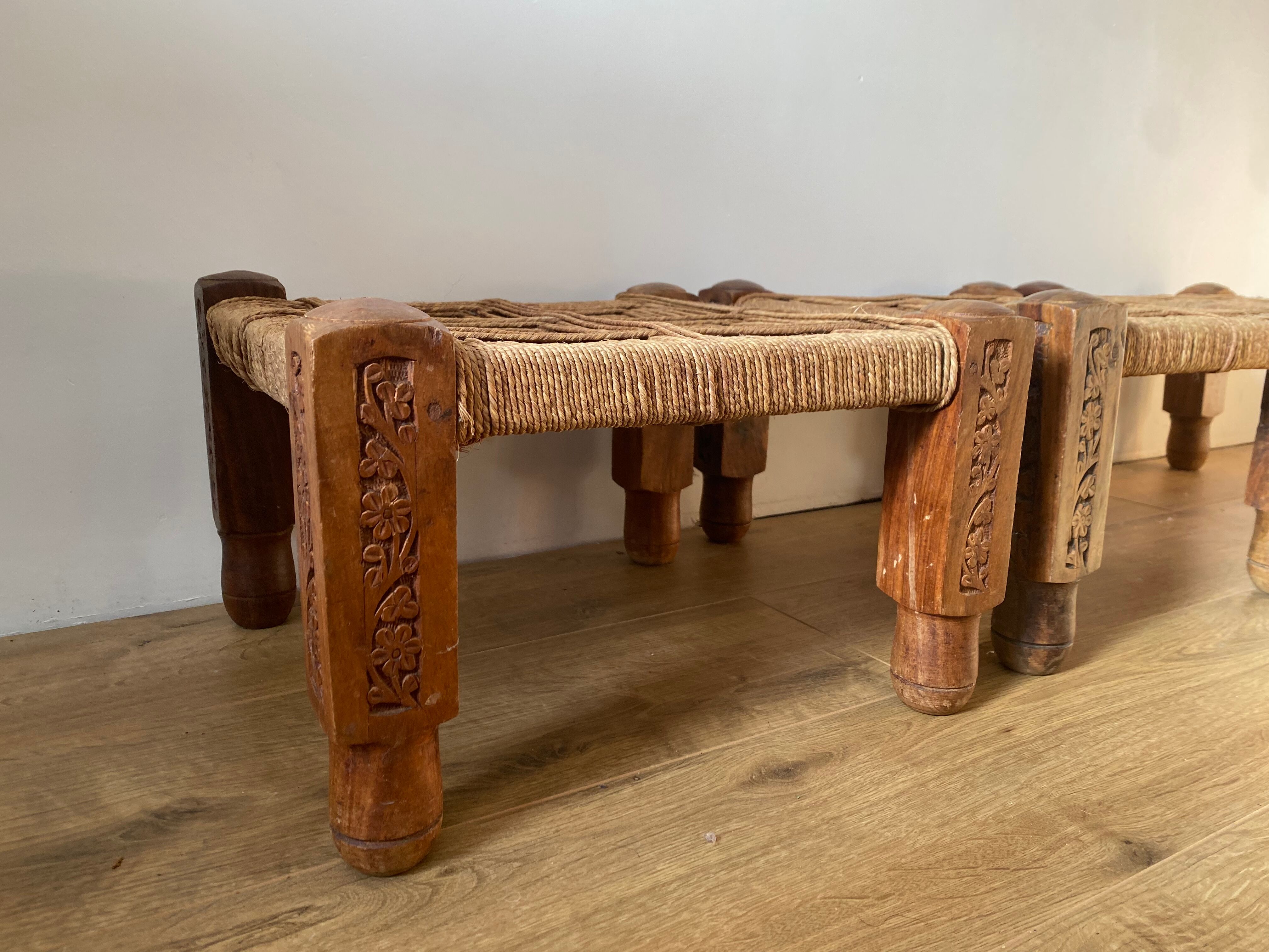 3 wooden and rope charpoy stools