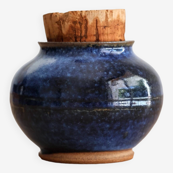 Blue glazed stoneware pot with cork stopper