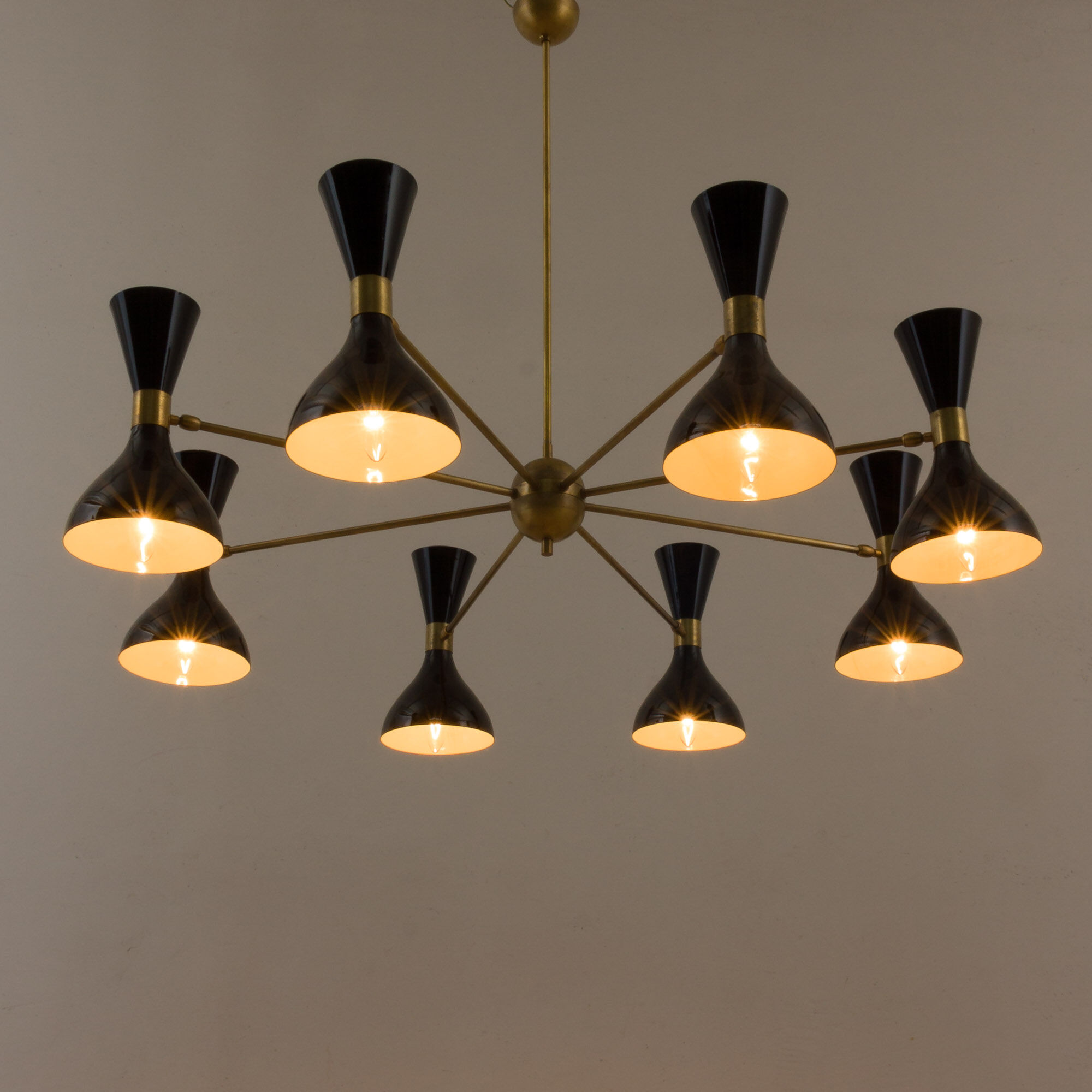 8 arms Italian chandelier with diabolo shades in Stilnovo style