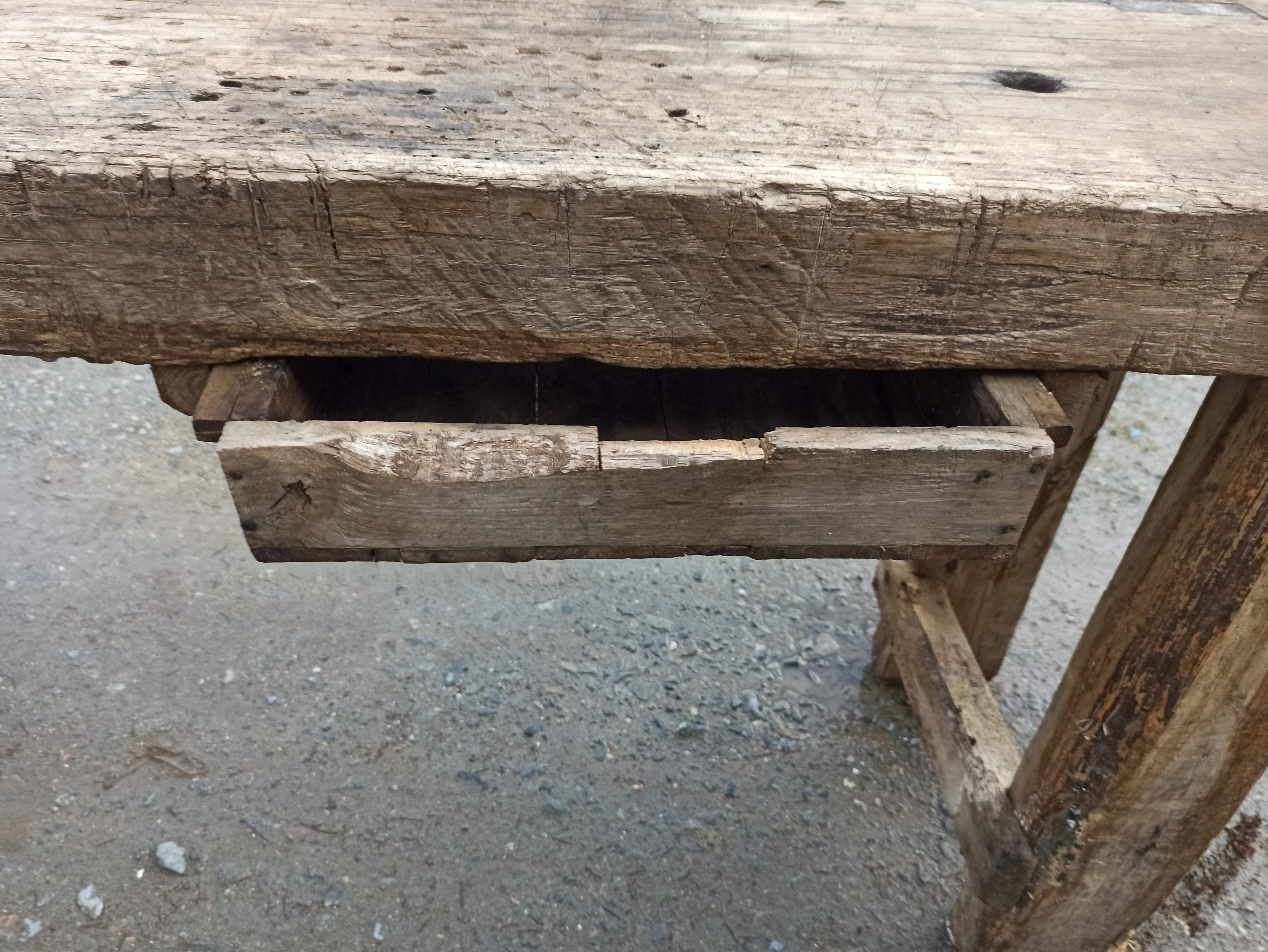 Old wooden workbench furniture by trade with vice
