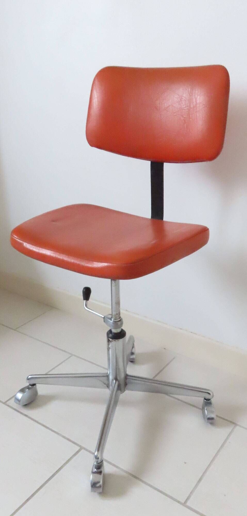 Eurosit vintage industrial workshop chair in chromed metal and orange imitation leather