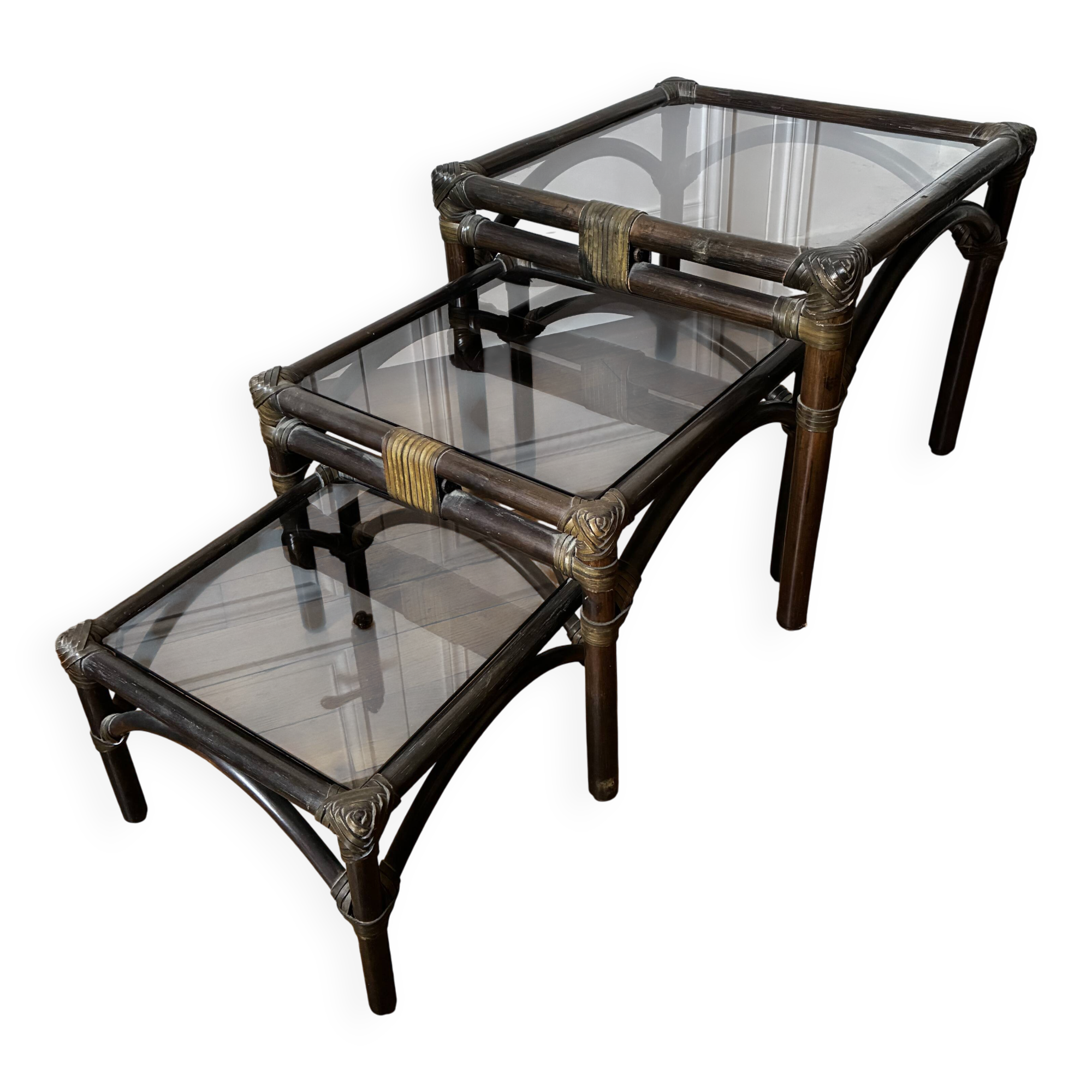 Bamboo and smoked glass nesting coffee tables