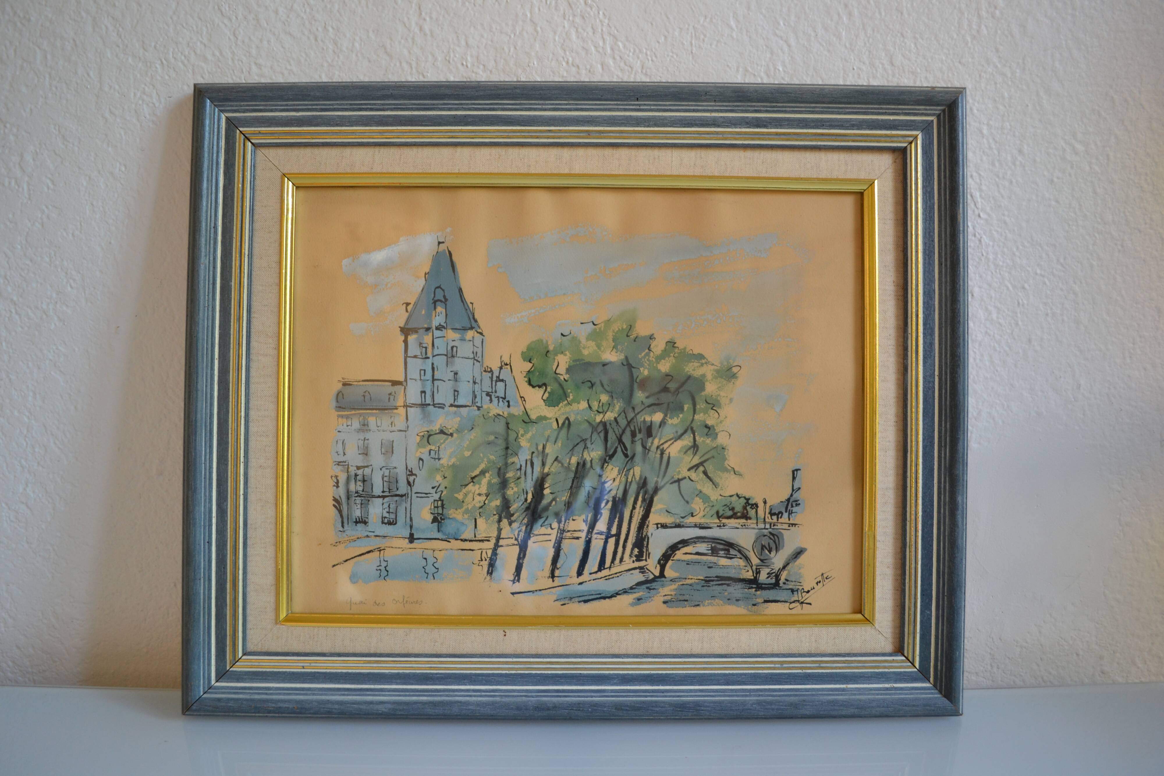 Paris the quai des orfèvres and the pont saint michel painting framed under glass