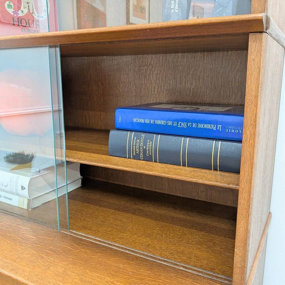 Vintage library by Didier Rozaffy for Oscar, oak and glass, 1950s.
