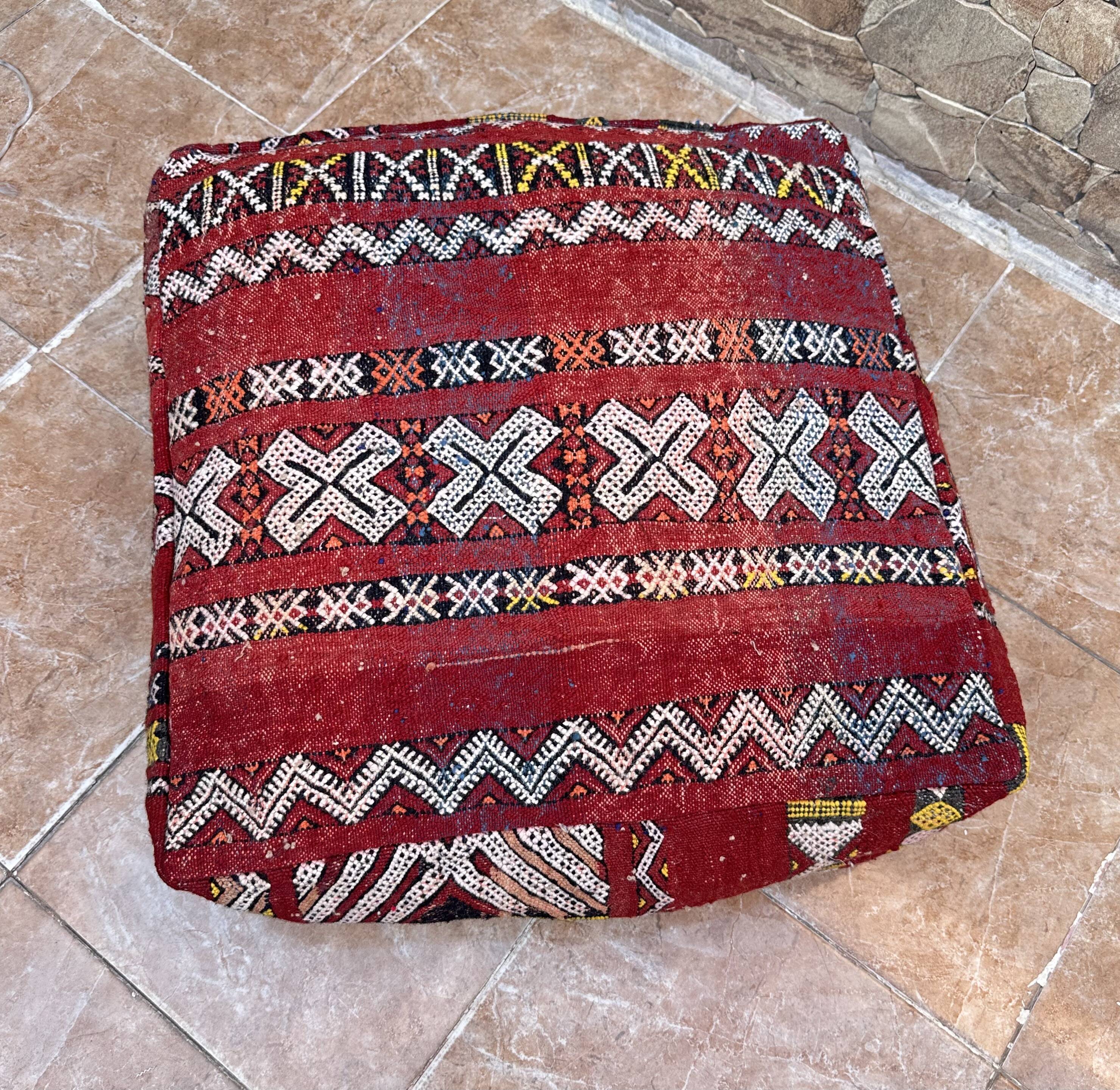 Vintage handmade Berber Kilim pouf, Moroccan floor cushion.