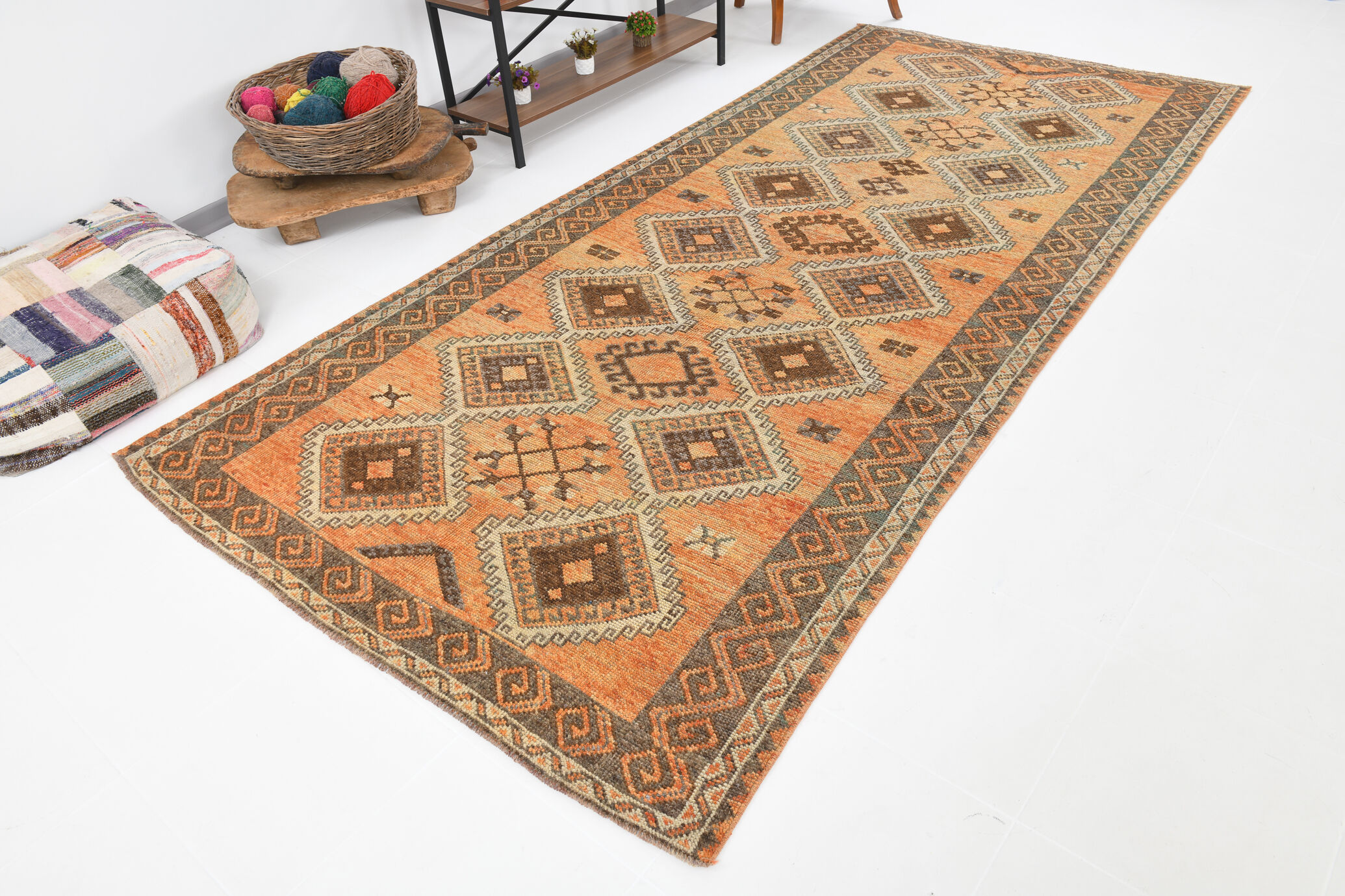 5x11 orange and brown vintage tapis rug, 352x162cm