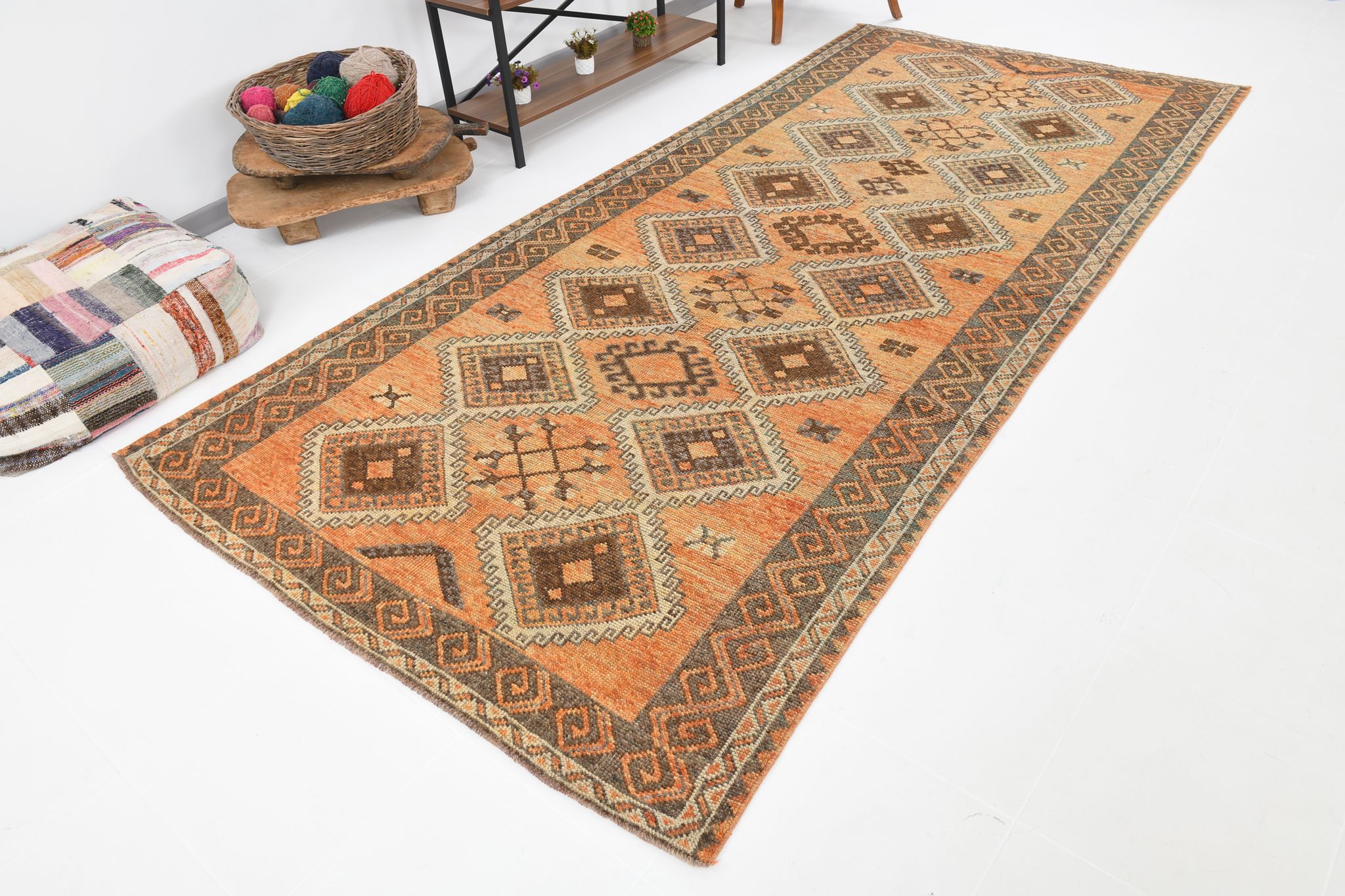 5x11 orange and brown vintage tapis rug, 352x162cm