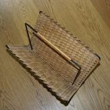 Vintage magazine rack in wrought iron and woven wicker 196