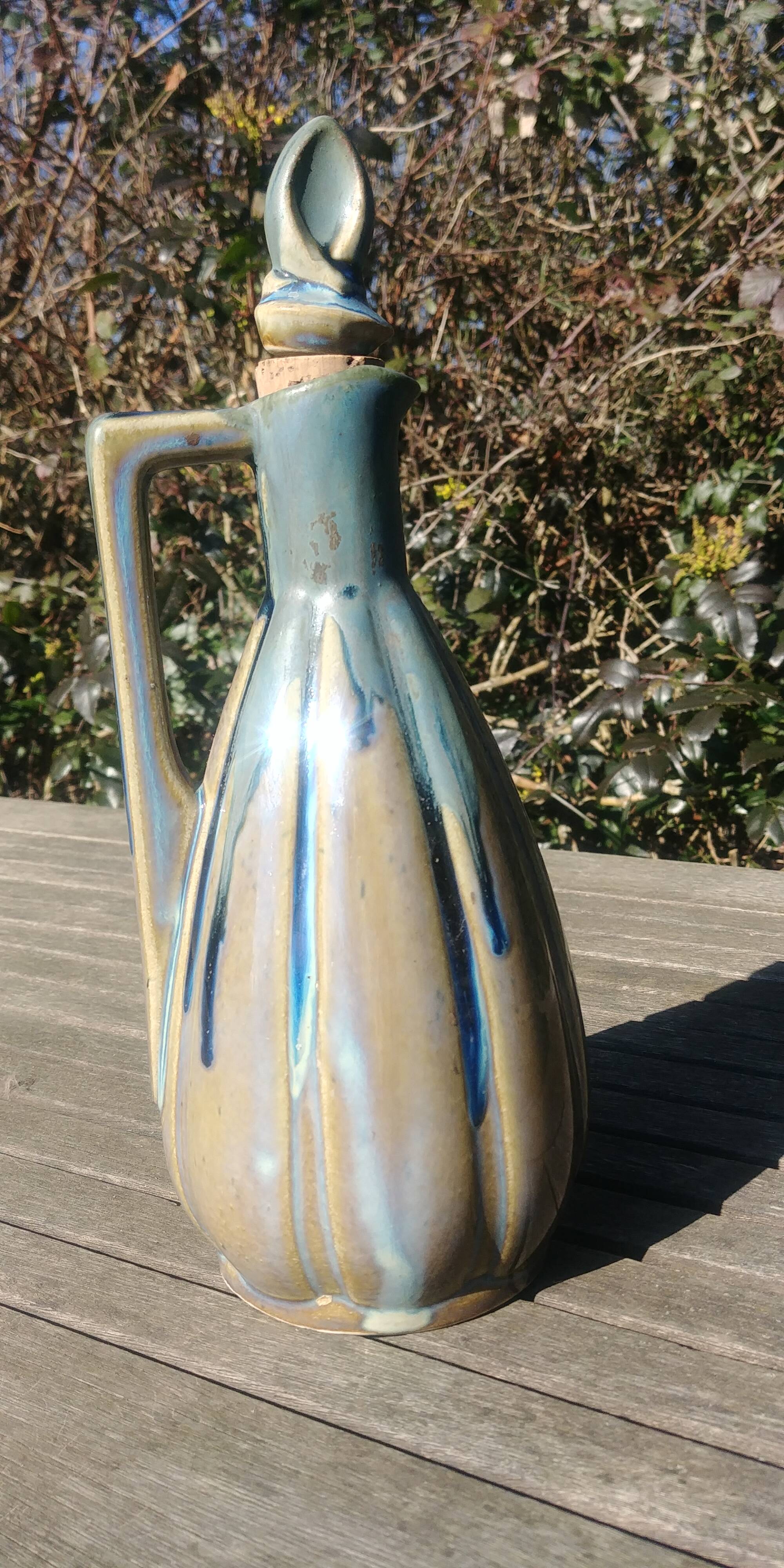 Pitcher/carafe old glazed ceramic La Borne style blue/beige