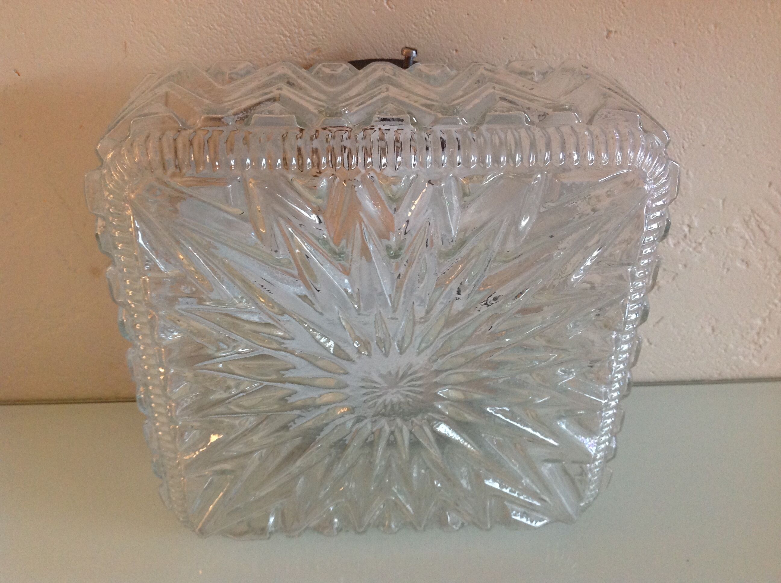 Square ceiling lamp in structured glass vintage 60s-70s