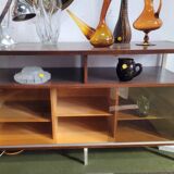 Hi-Fi cabinet in wood, brushed aluminum, smoked glass - 1970s