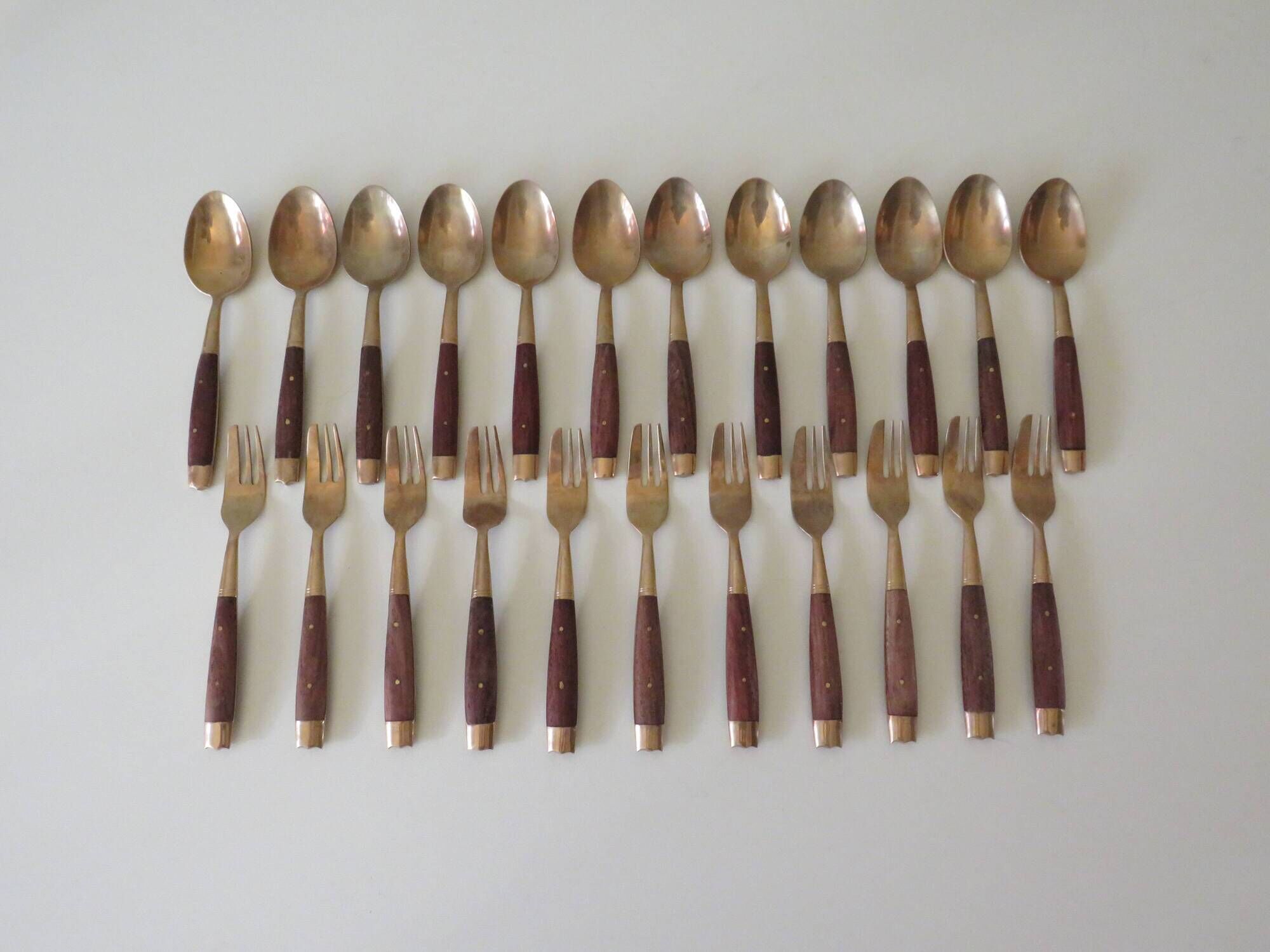 Vintage teak and brass housewife, dessert spoons and forks