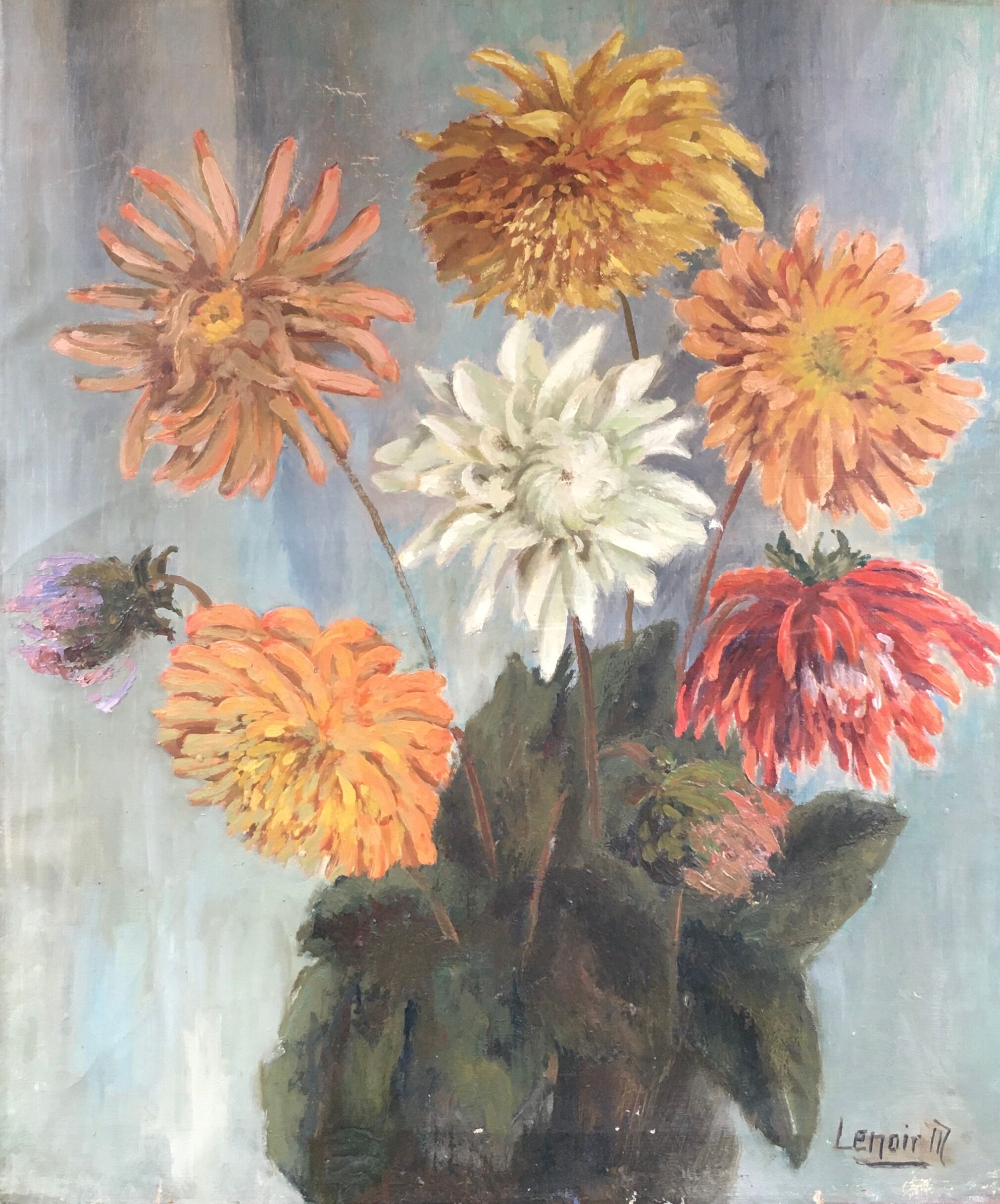 Ancient painting bouquet of dahlias