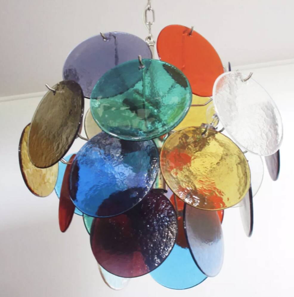 Pair of 4-light hanging chandeliers in Murano glass, Italy, 1980s.