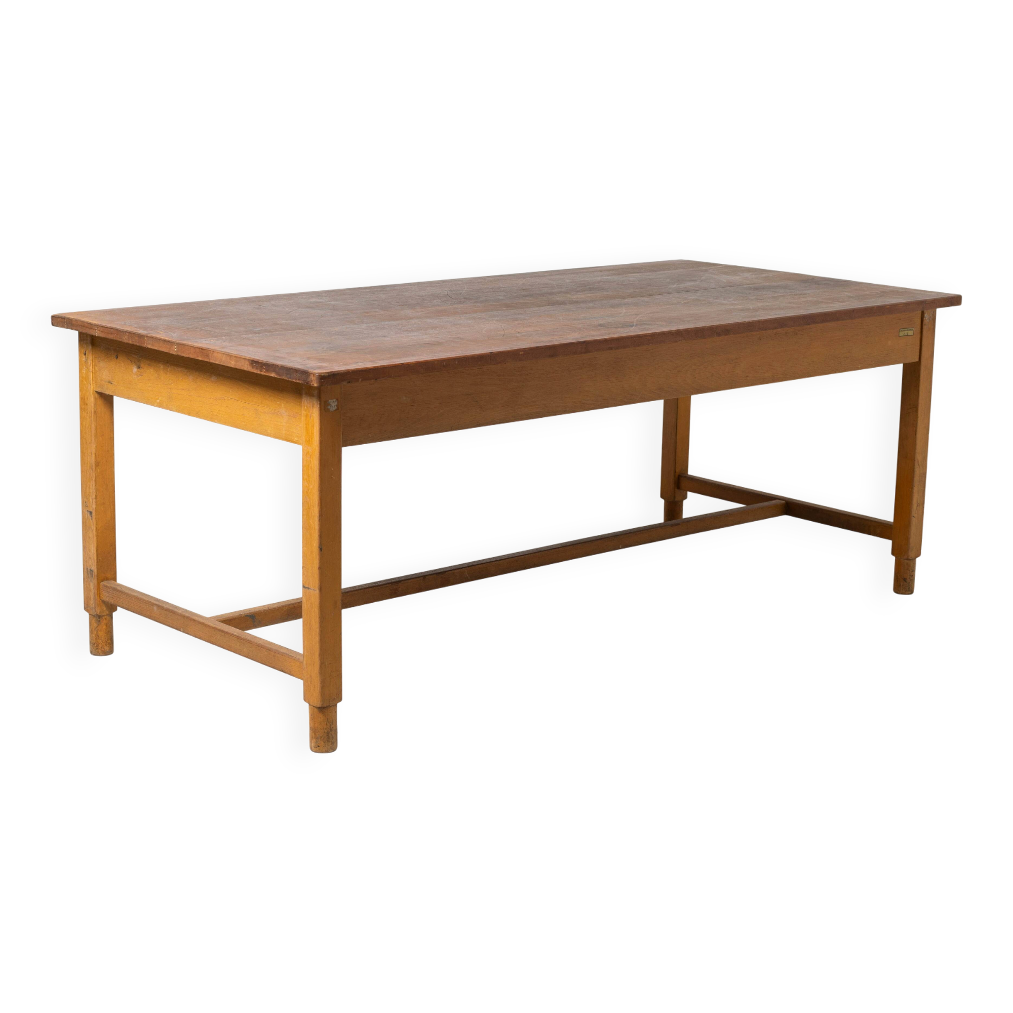 Large work / industrial / farm table, patinated wood, Czechoslovakia
