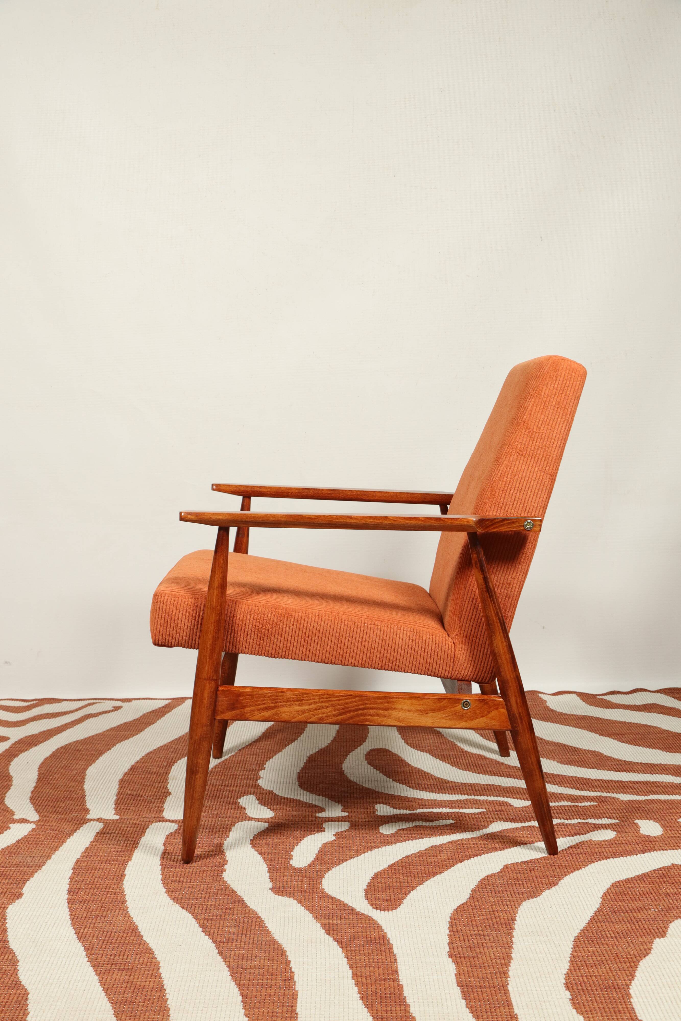 Vintage armchair orange burt corduroy upholstery , Henryk Lis, 1960, Poland