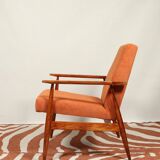 Vintage armchair orange burt corduroy upholstery , Henryk Lis, 1960, Poland