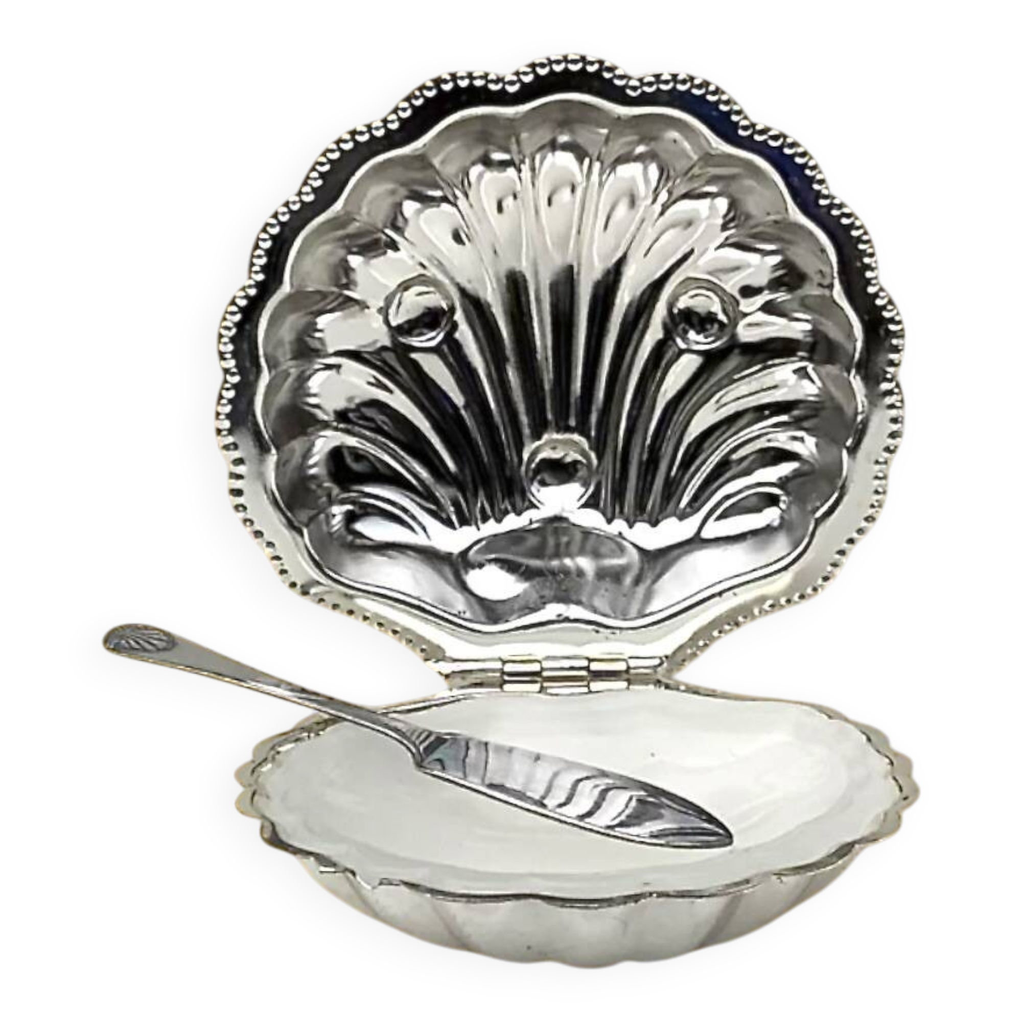 Vintage silver-plated metal and glass shell butter dish with knife