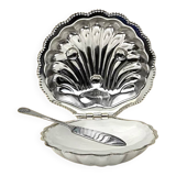 Vintage silver-plated metal and glass shell butter dish with knife