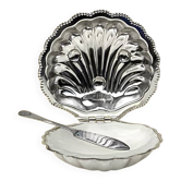 Beurrier coquillage vintage en métal argenté et verre avec couteau