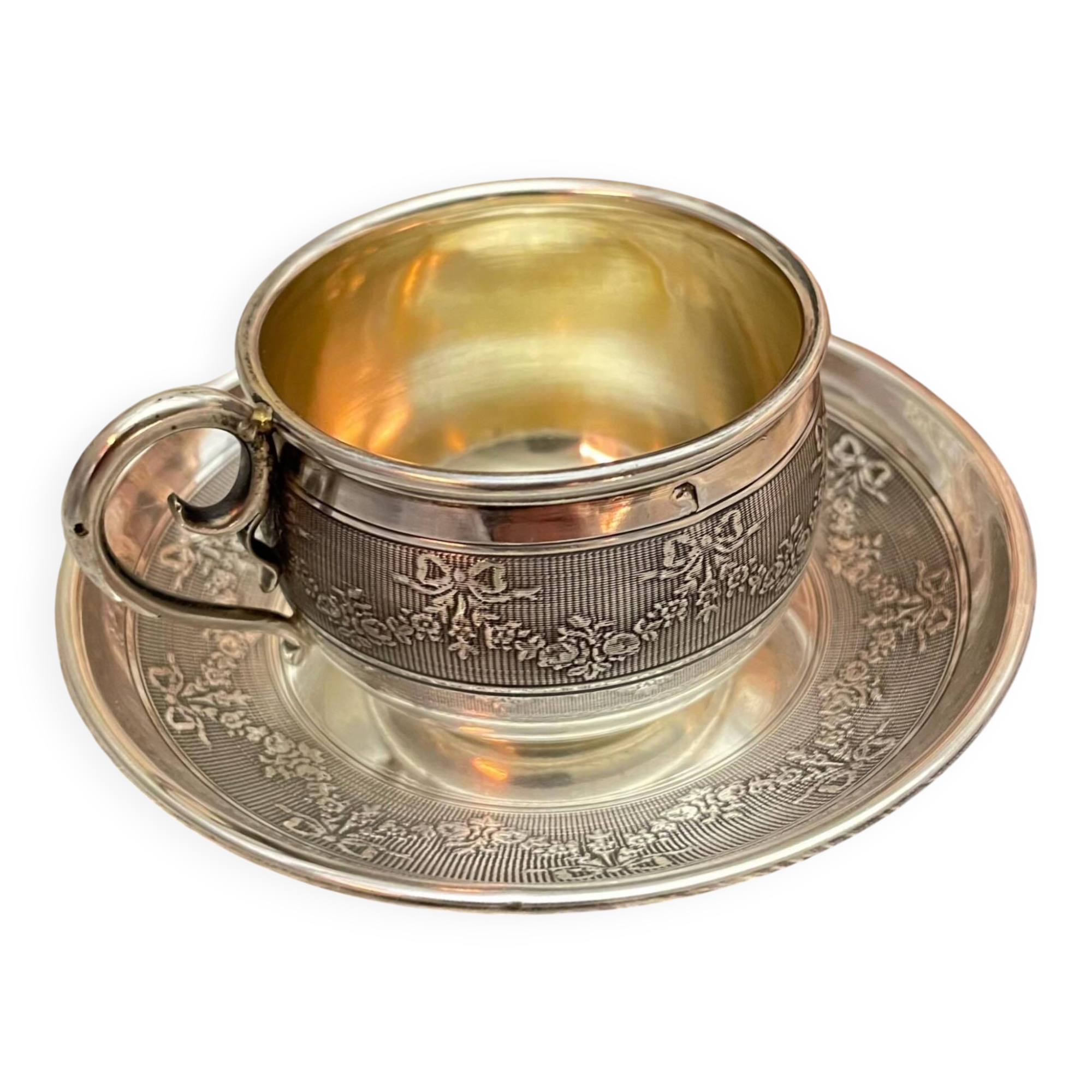 Silver Cup and Saucer | 20th Century | Ribbon and Flower Garland