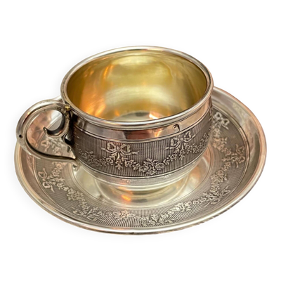 Tasse et Sous-Tasse en Argent   XXe Siècle   Guirlande Rubans et Fleurs