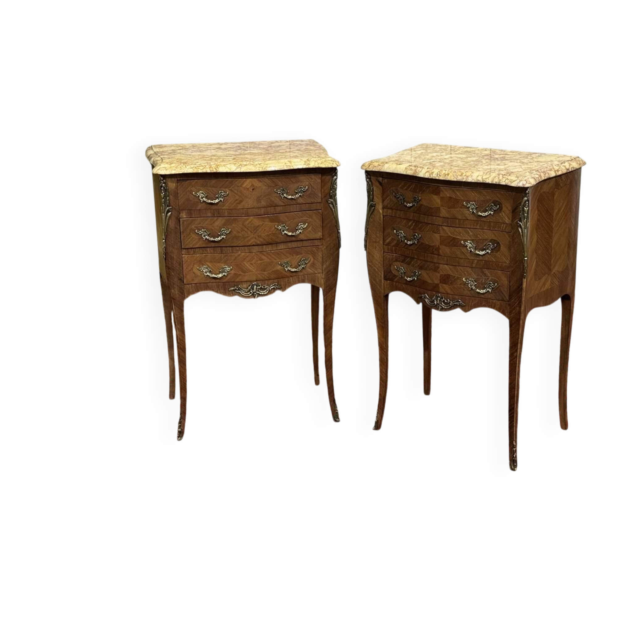Pair of bedside tables in Louis XV style made of rosewood, oak, and marble top.