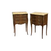 Pair of bedside tables in Louis XV style made of rosewood, oak, and marble top.
