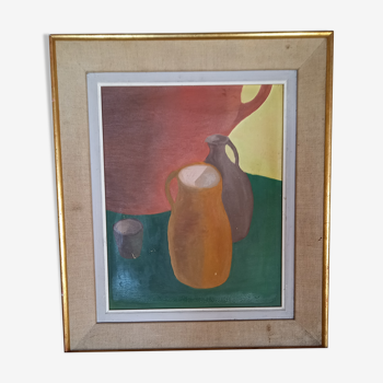 Tableau ancien, huile sur toile des années 1950, 3 pichets et une timbale en 5 couleurs