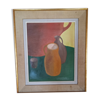 Old painting, oil on canvas from the 1950s, 3 pitchers and a timpani in 5 colors