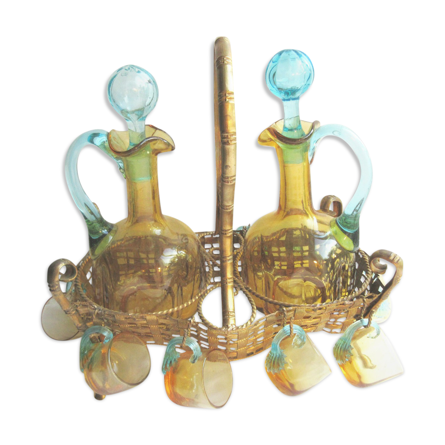 Cabaret Cave liqueur George SAND: 2 carafes 10 Legras glasses - brass basket