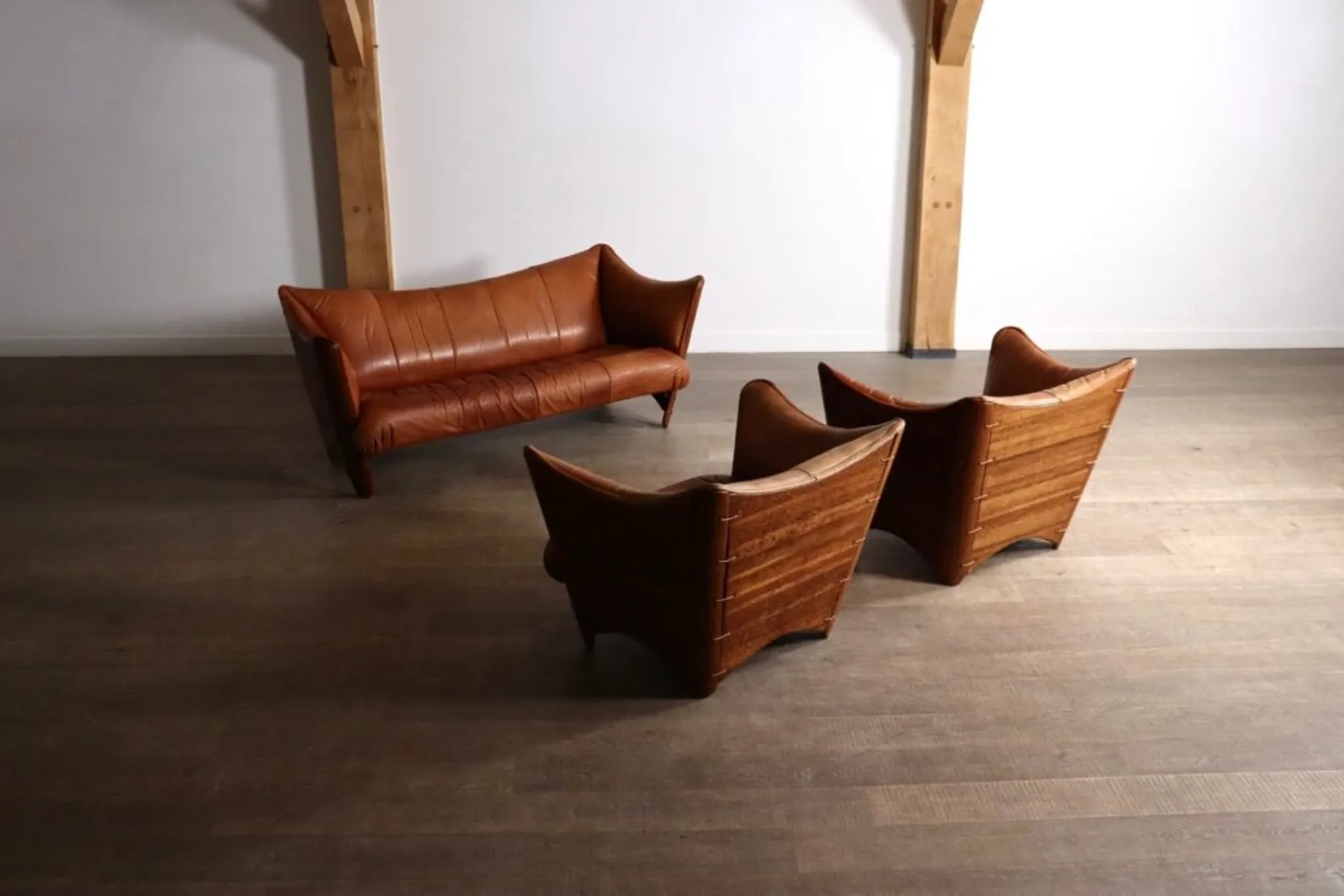 Mid-century sofa in cognac leather and wood by Pacific Green, Australia 1980s