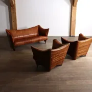 Mid-century sofa in cognac leather and wood by Pacific Green, Australia 1980s