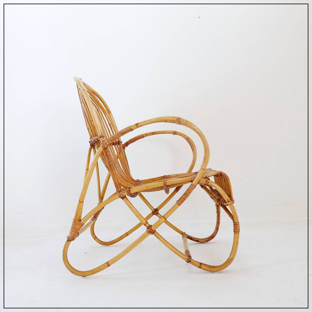 Vintage Curved rattan and bamboo armchair - 1960s