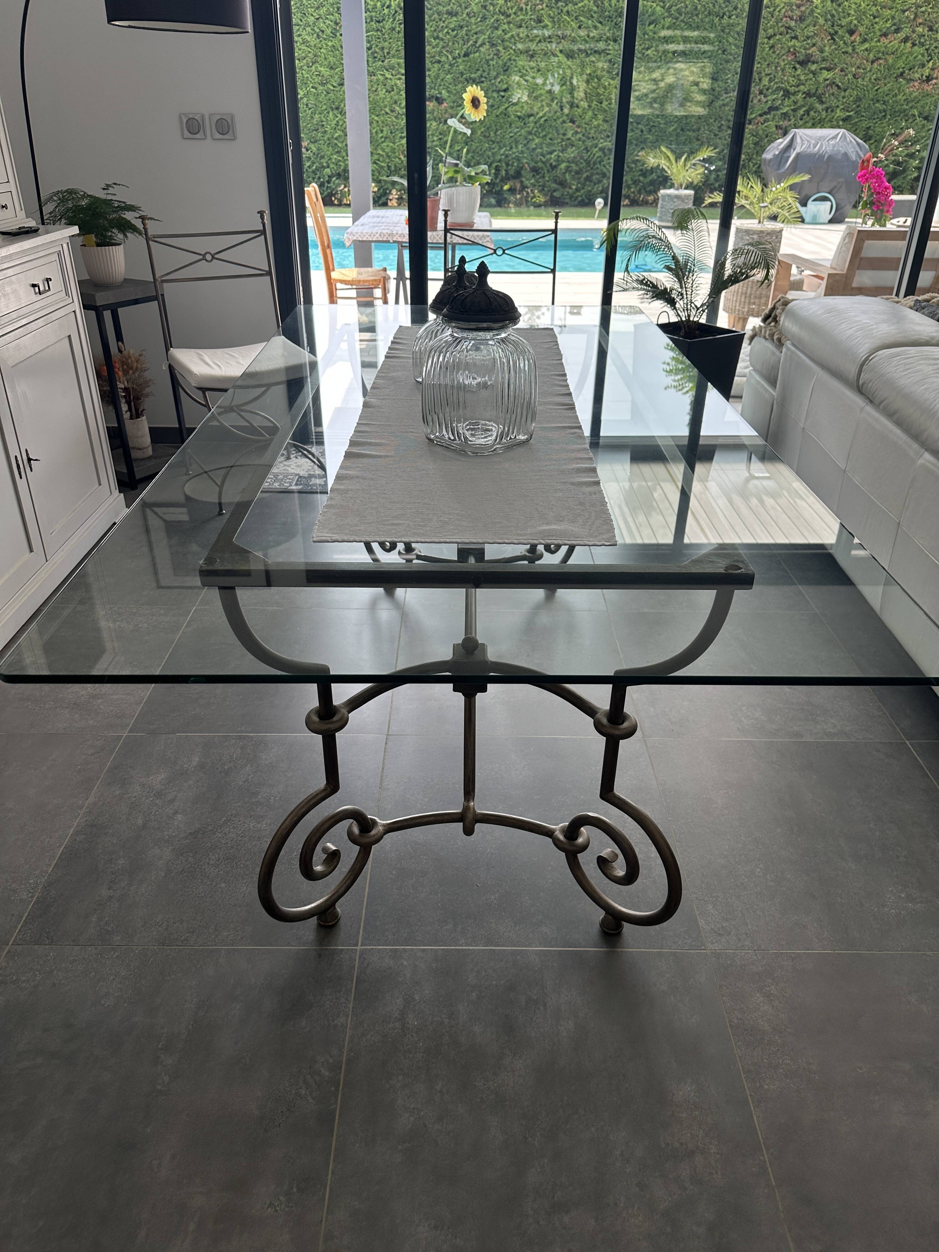 Roche Bobois glass and steel dining table and 6 chairs