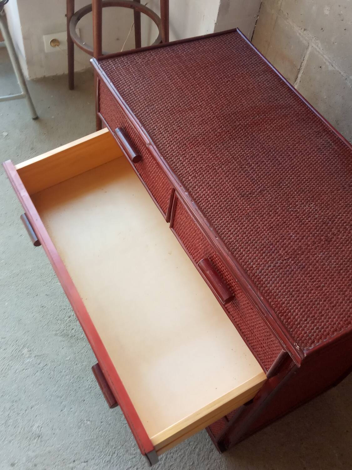 Vintage red lacquered rattan chest of drawers