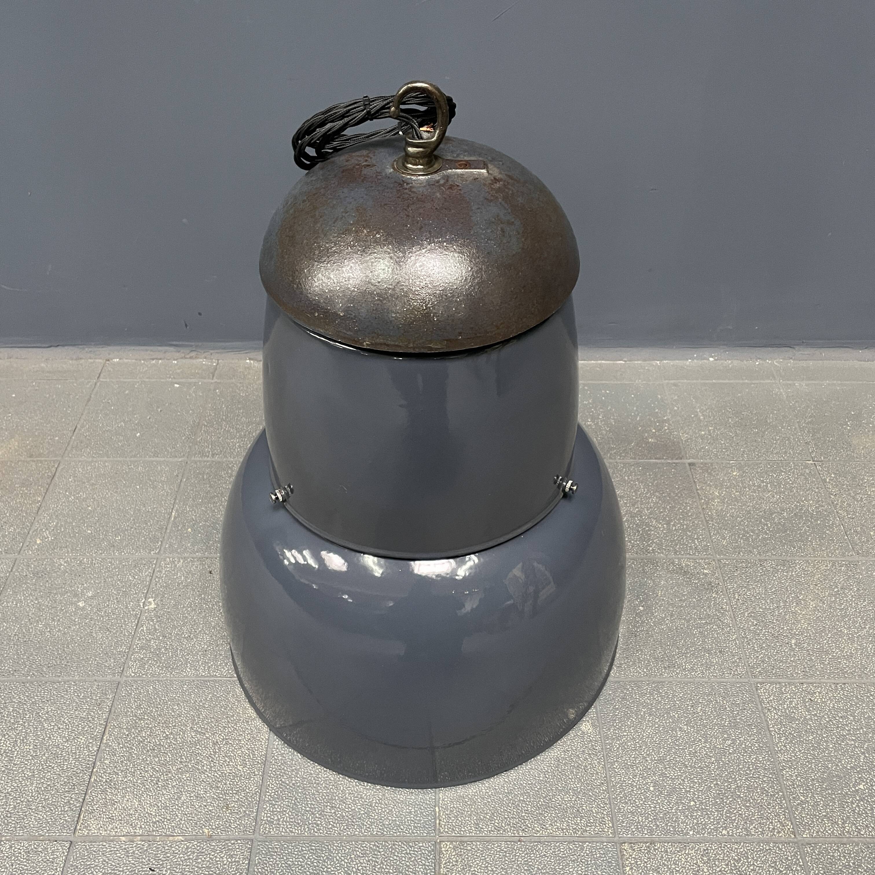 Large old industrial blue-gray enamel pendant lamp