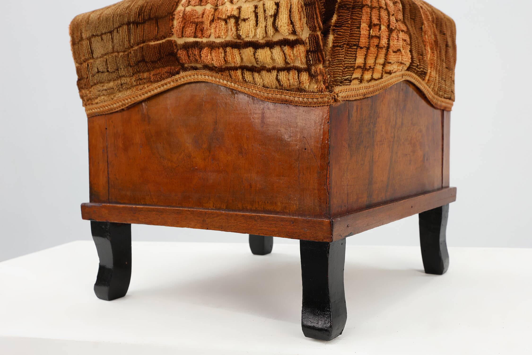 Art Deco walnut stool with original velvet upholstery, Italy 1920s