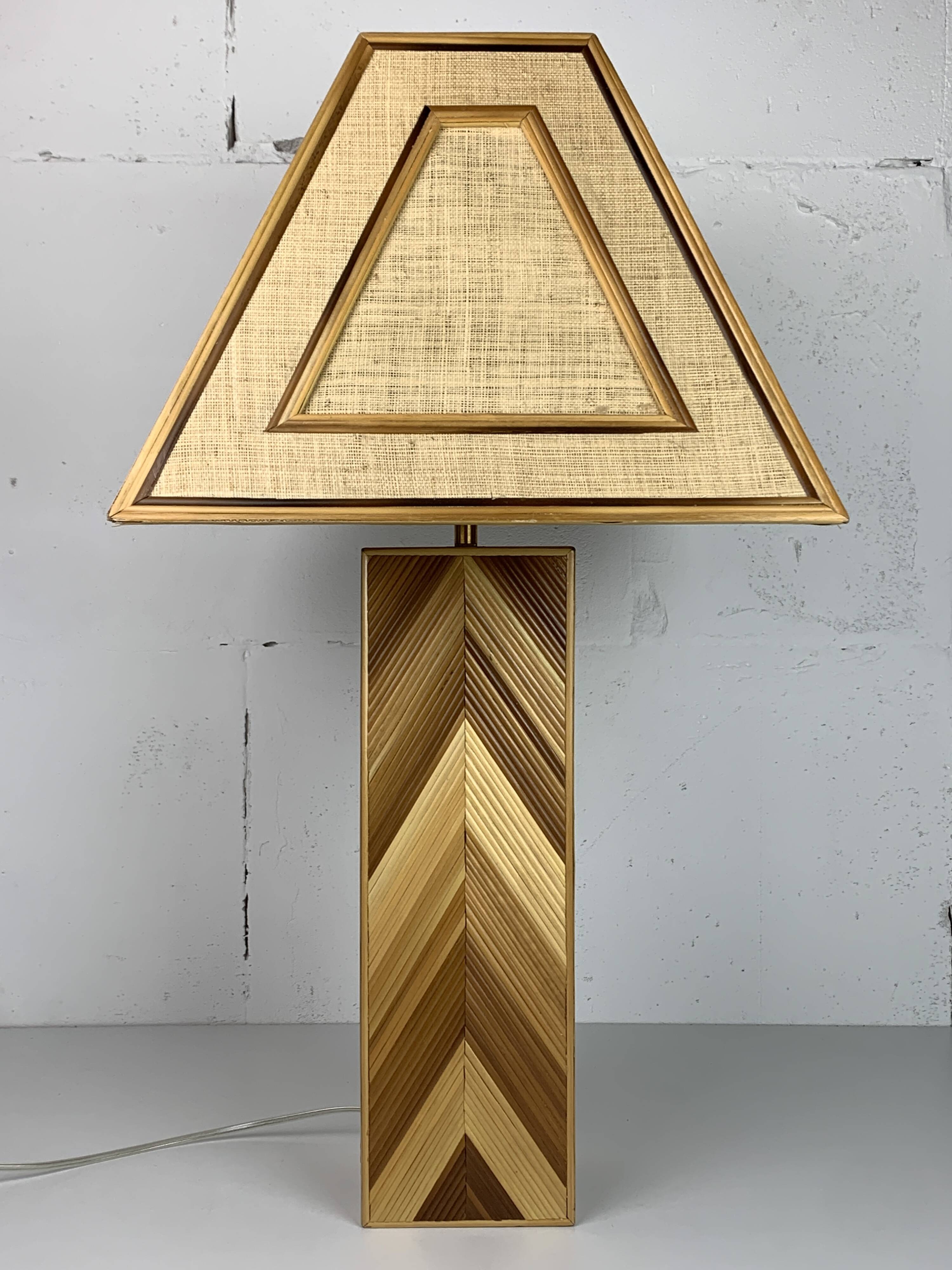 Midcentury pencil reed rattan bamboo and brass table lamp, 1970s