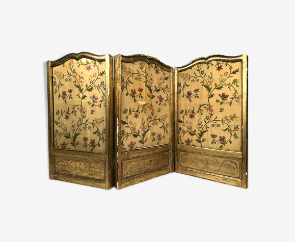 Paravent à trois feuilles, bois doré, tissu à motif de fleurs