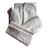 Antique hand embroidered linen 1 sheet 2 pillowcases 1 bolster cover
